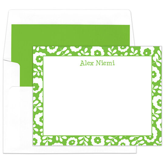 Green Flower Border Flat Note Cards